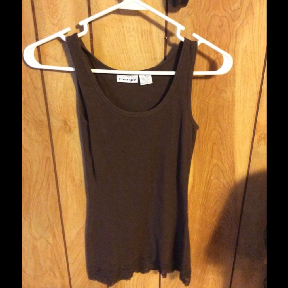 Energie Medium Brown Ribbed Tank with Lace Trim